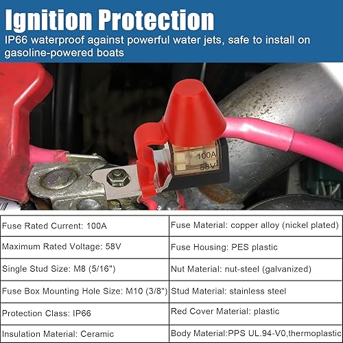 Miniatura 2 de Linkstyle Bloque de fusibles de terminal MRBF, fusible de terminal de batería de 58 V 100 AMP, con fusible de batería marina de 516 pulgadas y tapa