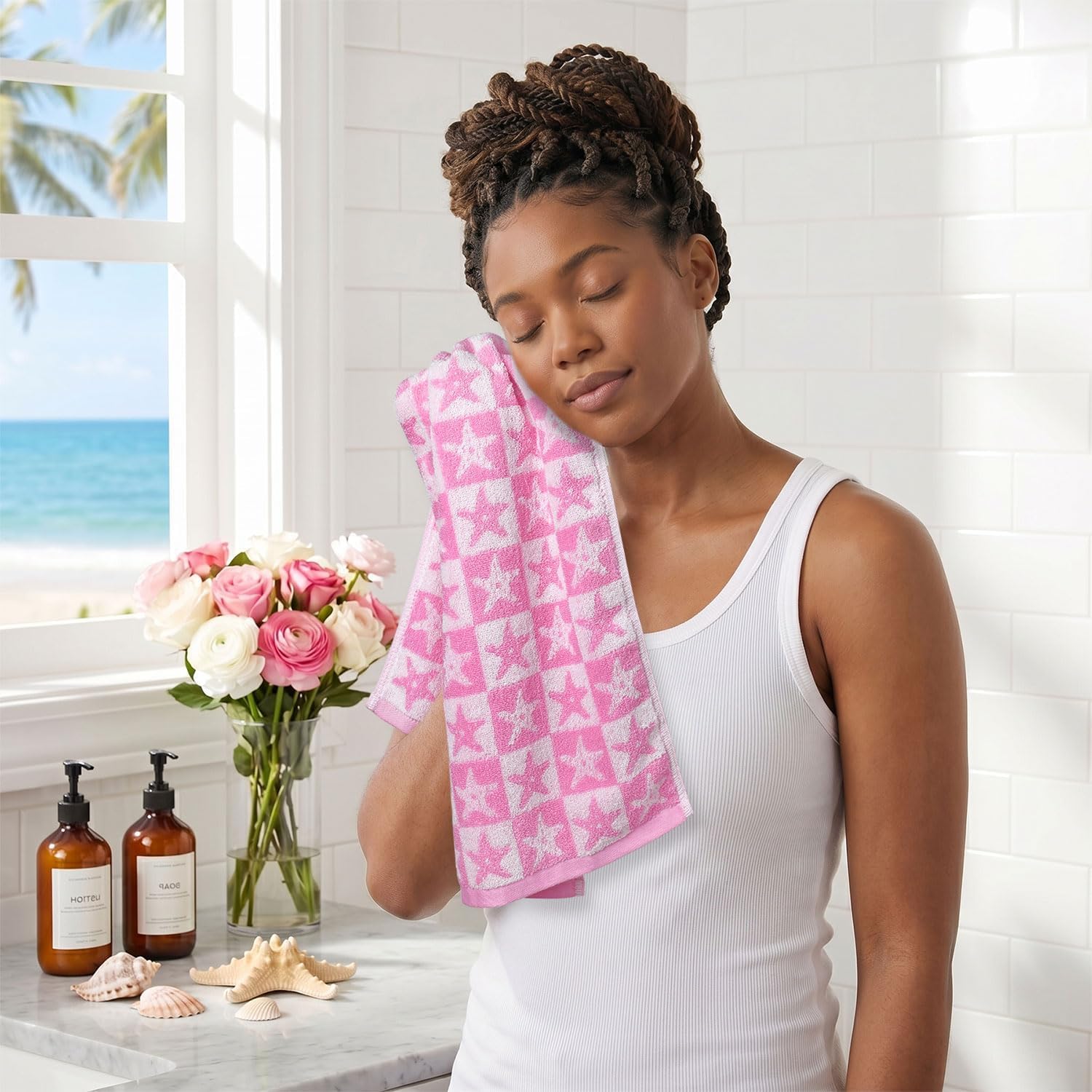 Jacquotha Checkered Starfish Pink Hand Towels Set of 2, Cotton, 13" x 29" | Soft & Quick Dry Cotton, Coastal Aesthetic Summer Decor, Women Girls