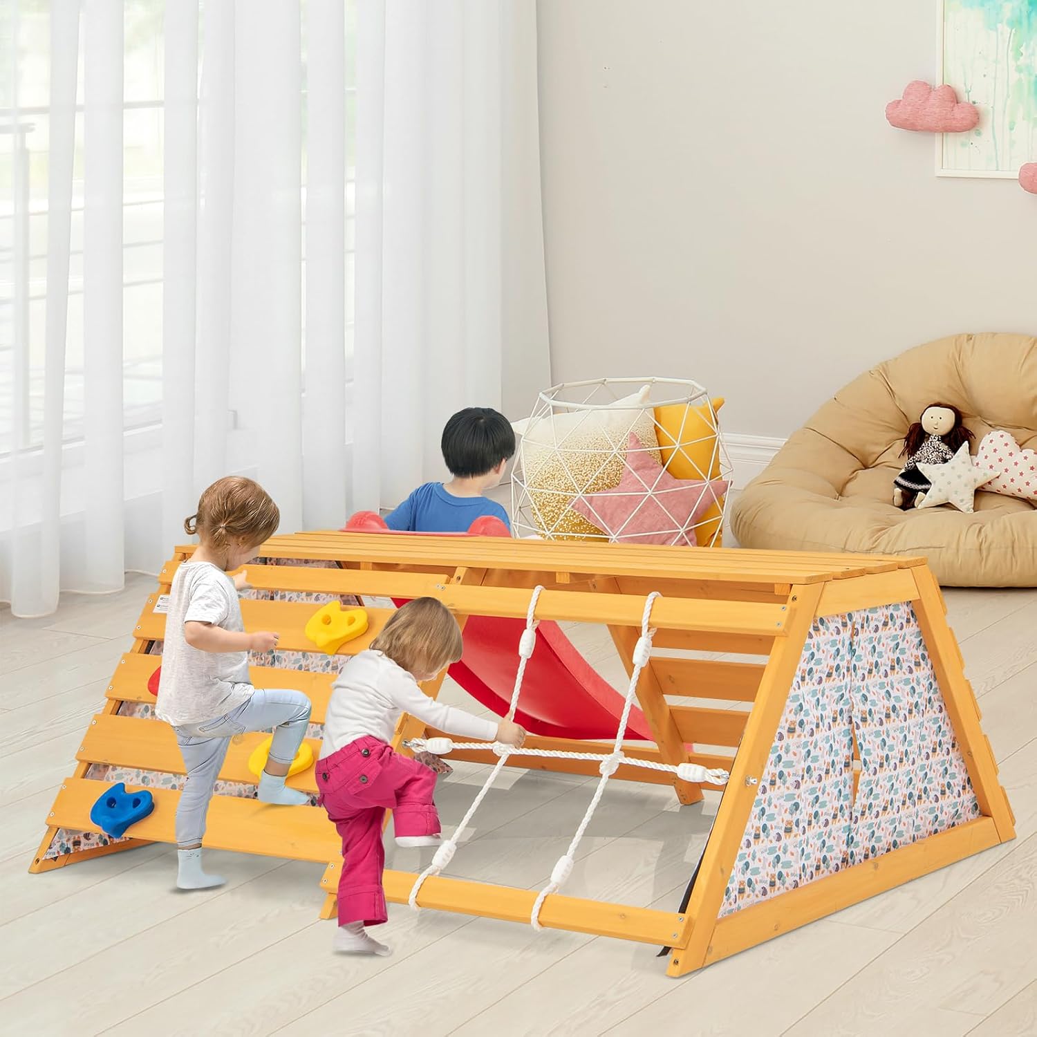 Costzon Climbing Toys for Toddlers, 5-in-1 Wooden Indoor Playground with Rock Climbing Wall & Rope Wall Climber, Removable Door Curtains, Climbing Ladder with Slide for Kids 3-8 Years Old