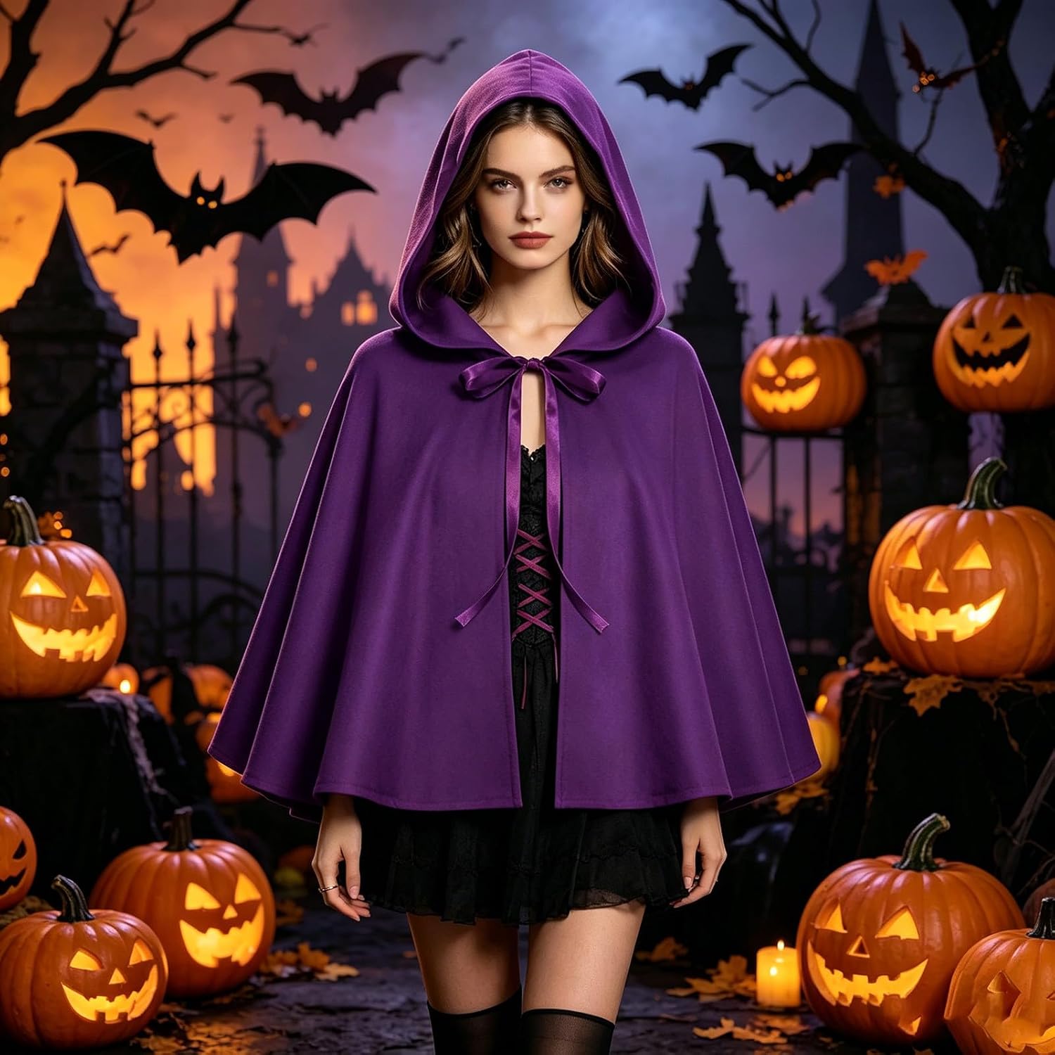 Women Short Hooded Poncho Knot Bow Halloween Fairy Witch Cape Shawl