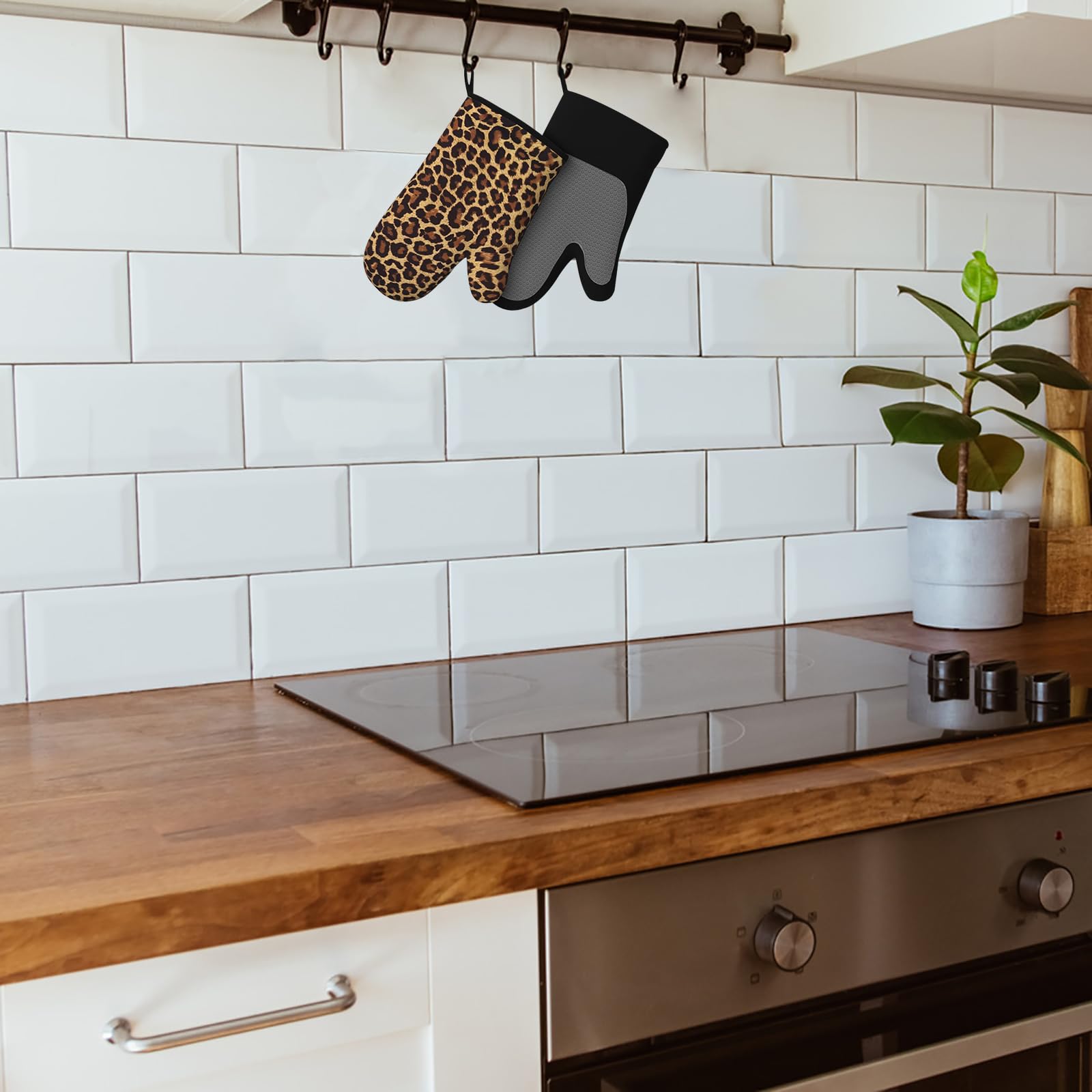 Juego de guantes de horno de silicona con estampado de leopardo, guantes de horno de silicona antideslizantes, 2 guantes de horno resistentes al calor, el mejor regalo para madre, esposa, guantes de 6