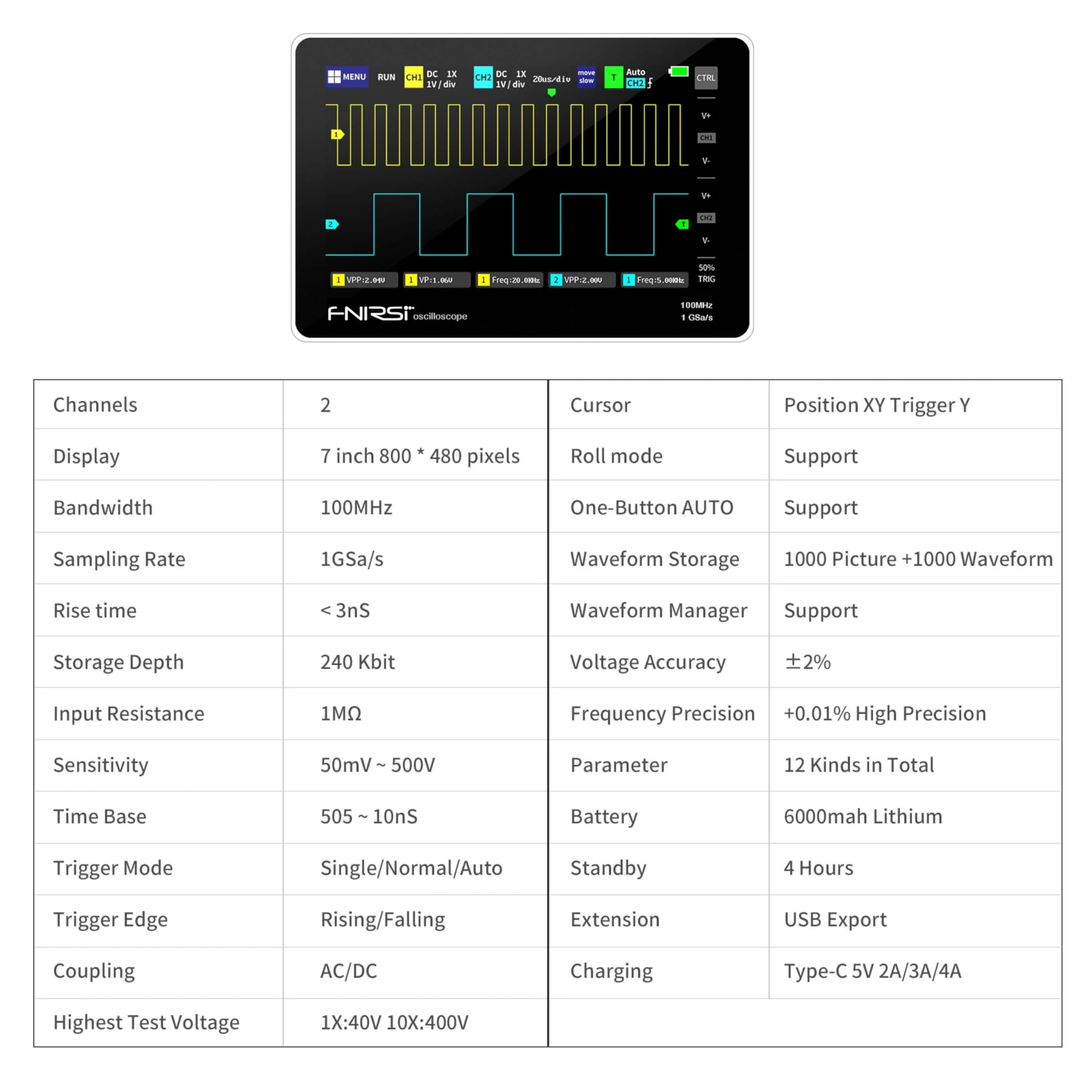 Yellow Tommy Tablet touch ScreenOscilloscope | 1013D | 7-inch Display | 2 Channel | 100M Bandwidth | 1GS/s Sampling Rate | 800×480 Resolution | - Image 2 thumbnail