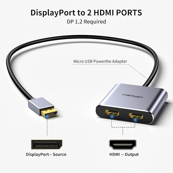 Displayport to Dual HDMI Adapter, 4K Display Port to HDMI Splitter for Dual Monitors Extended Display, DP 1.2 to 2 HDMI Monitor for Computer Laptop Graphic Card, MST Extend Display for Windows Only