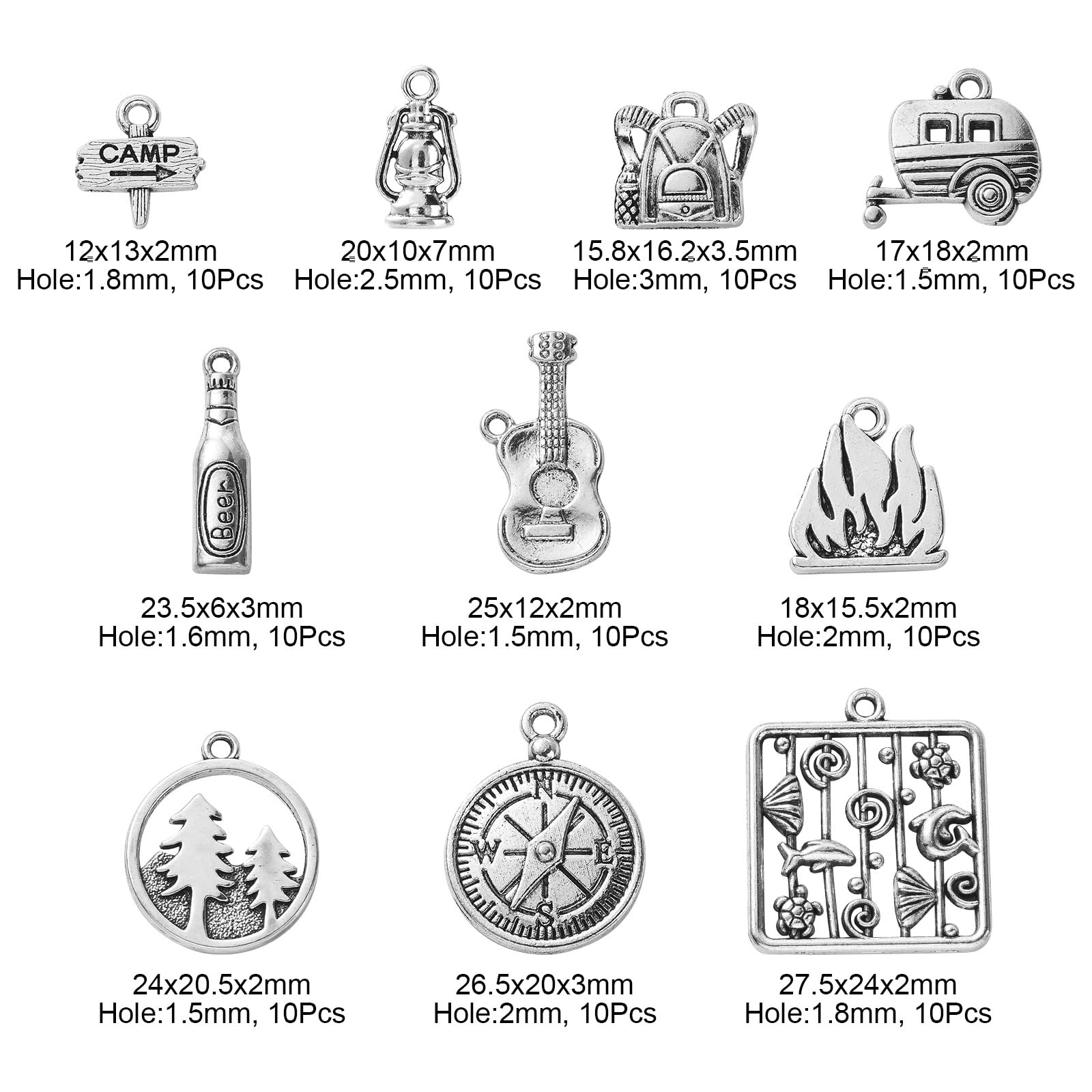 Stiesy 100Pcs 10 Styles Tibetan Silver Camp Charms Vintage Compass Guitar Pendant Charms Antique Travel Camping Van Charm for DIY Bracelet Jewellery Making - Image 2