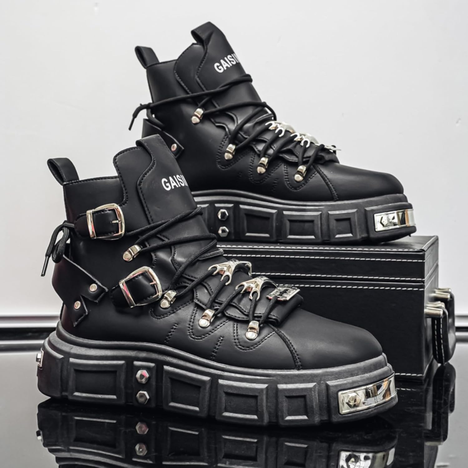 Men's Gothic Leather Motorcycle Chunky Platform Boots Lace Up Round Toe High Top Metal Buckle Non-Slip Lightweight Punk Fashion Sneakers for Streetwear Night Out Party Riding Daily Comfort - Image 5