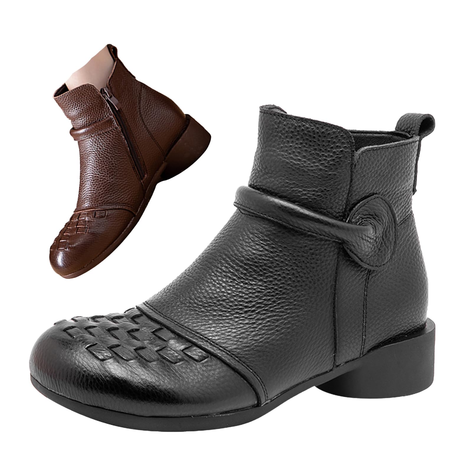 Womens Leather Casual Ankle Boots Classic Woven Comfy Low Block Soft Sole Zipper Business Dress Oxford Short Booties