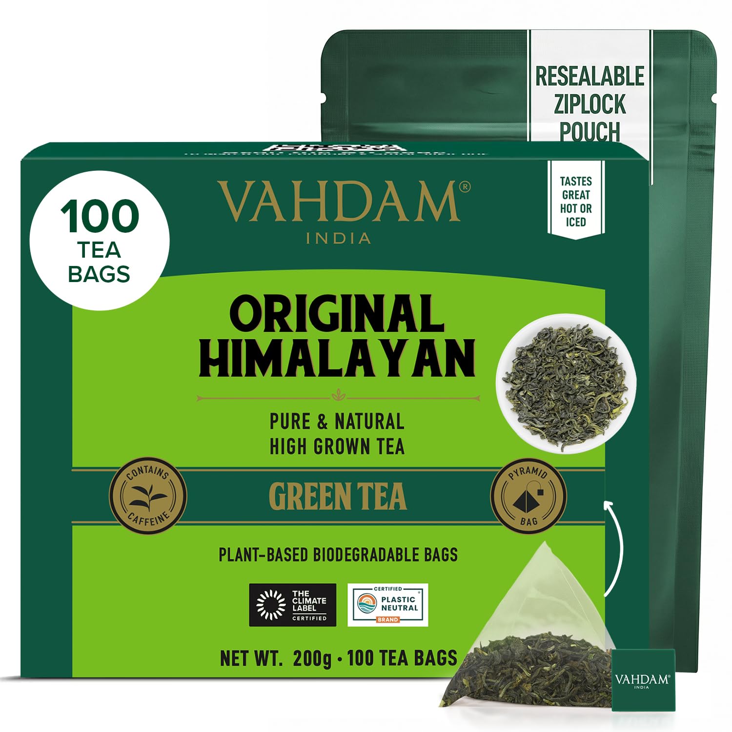 VAHDAM, Himalayan Té Verde (100 Piramidales Bolsitas De Té) 100% Pura Y Natural | Envasado Fresco En La India | Caliente, Frío O Como Kombucha