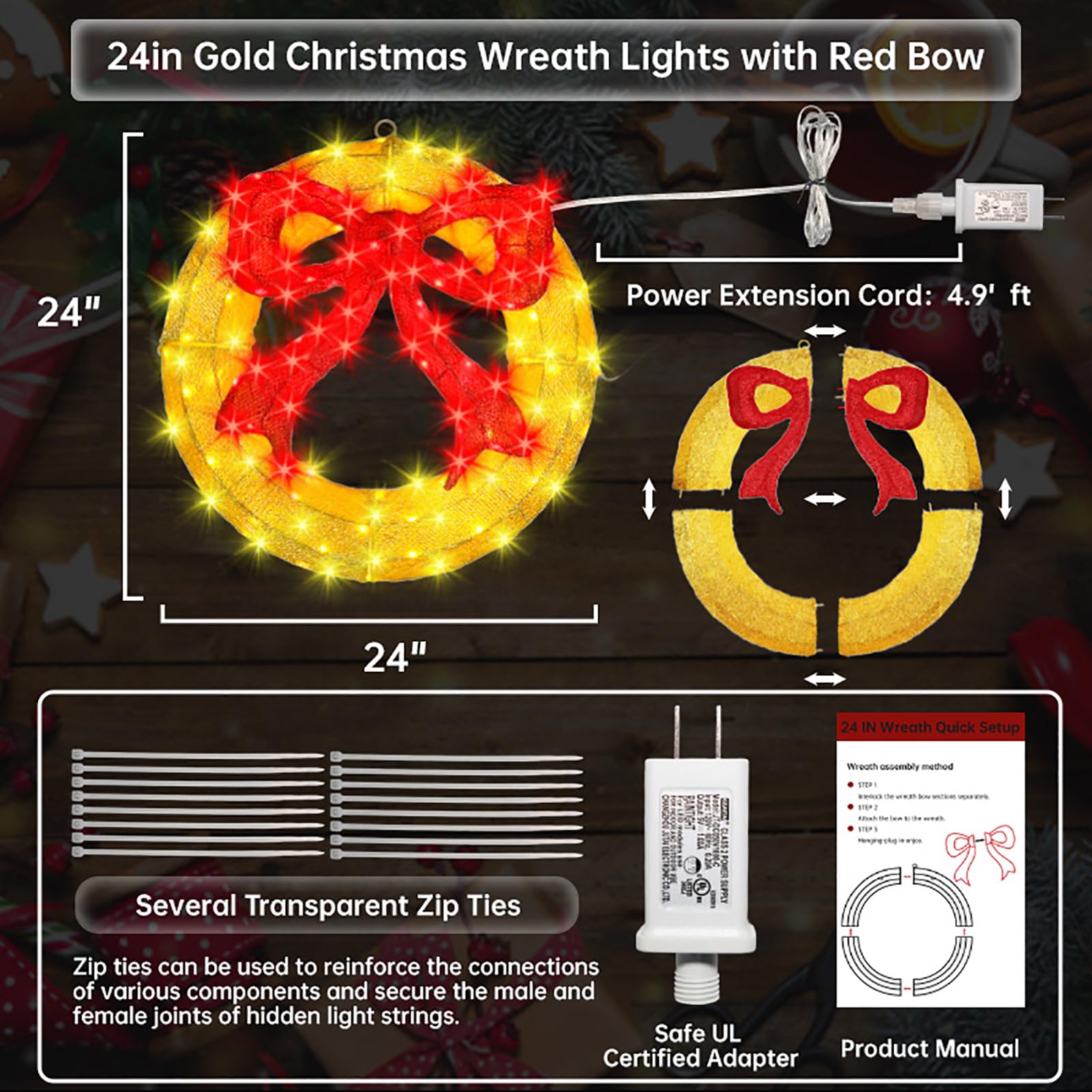 Couronne de Noël extérieure – Couronne de Noël lumineuse à DEL de 61 cm avec nœud, grande couronne de Noël éclairée, lumières de fenêtre pour mur, fenêtres, décoration de porte d'entrée, nœud rouge,