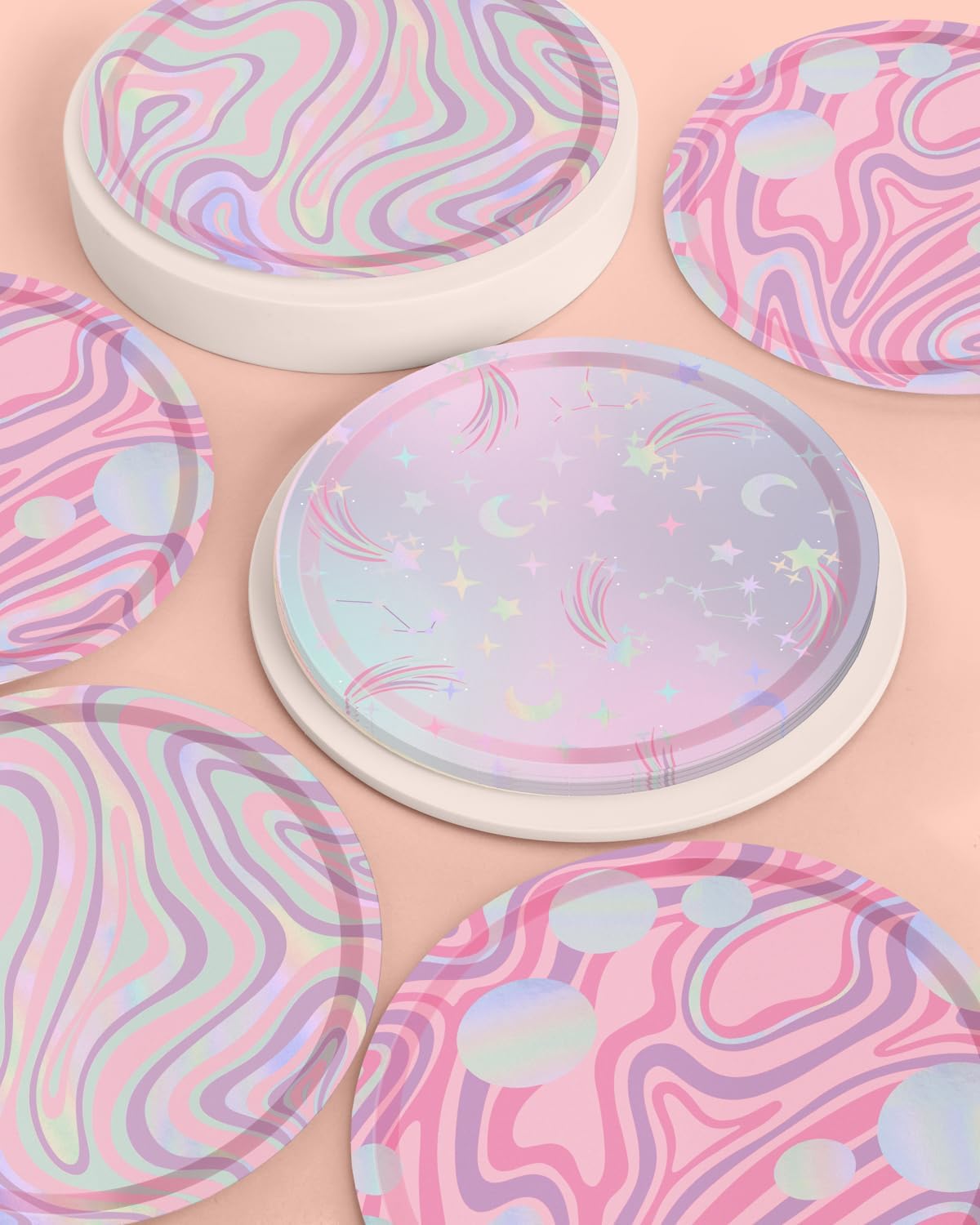 xo, Fetti Celestial Space Planet Paper Plates - 24 pk, 9" | Pastel Galaxy Alien Birthday Supplies, Girls Astronaut Party Decorations, Out of this World Baby Shower Favors