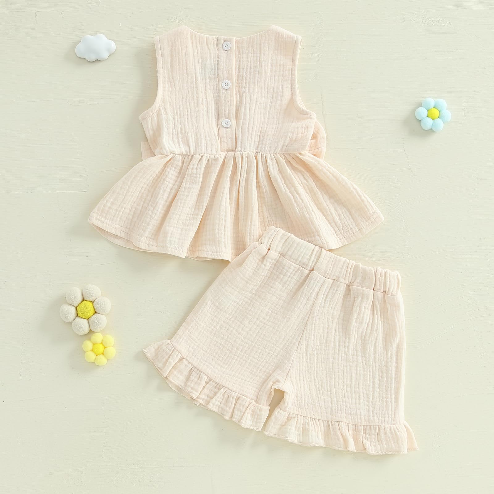Kupretty Ropa de verano para bebé niña pequeña, traje de lino con lazos, chaleco con volantes y pantalones cortos con volantes, 12, 18, 24 meses, 2T y 3T