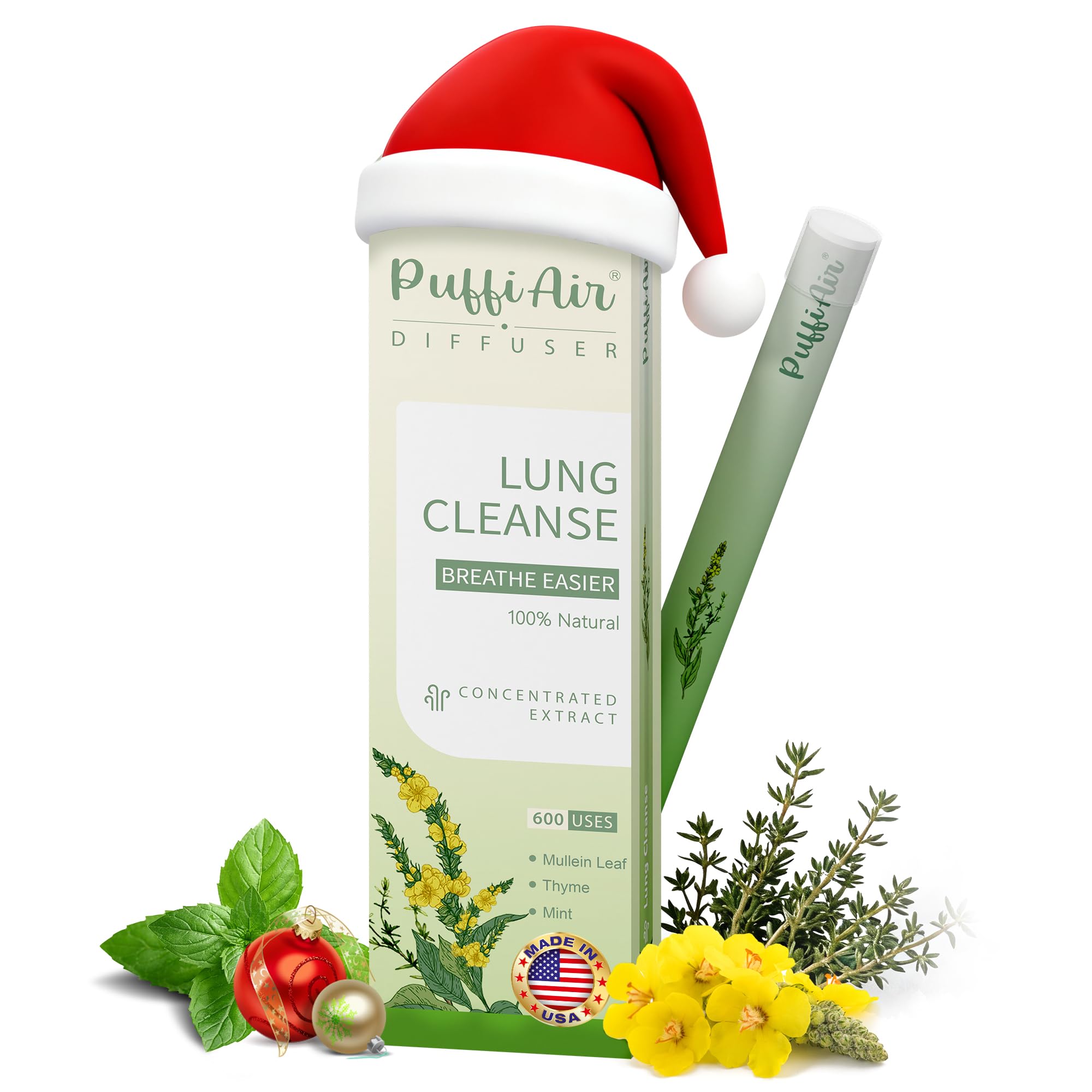 Mullein Herbal Diffuser Upgraded with Extracts of Mullein, Thyme and Mint for Cleansing Lungs, Improving Breathing and Oral Air Freshening- 1 Stick, 1 Pack