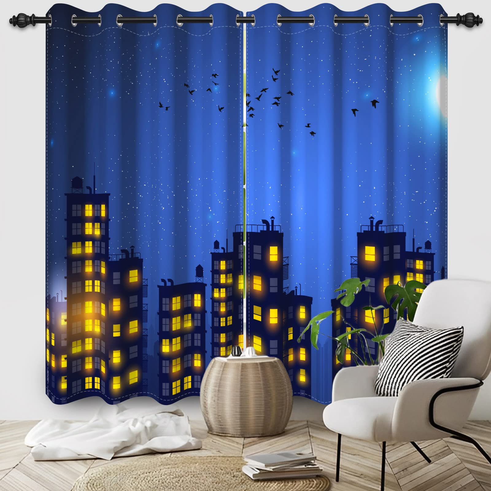 SIEDYCV 21x54inches Superhero City Curtains Humor Cartoon Comic Super Hero City Skyline Buildings Window Drapes 2 Panels Room Darkening Thermal