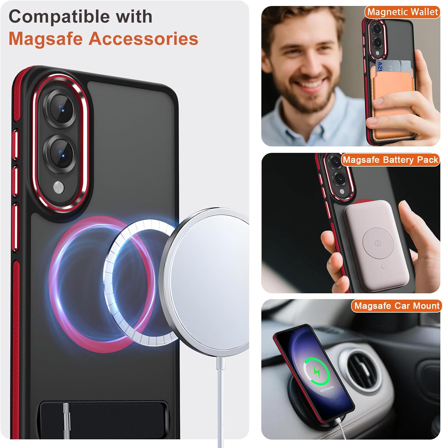 for Samsung Galaxy S25 Edge Case, Non-Slip Phone Case with Invisible Kickstand [Fits for Magsafe], Ultra Slim Translucent Cover for Galaxy S25 Edge, Mil-Grade Drop Protection (Black/Red) - Image 2