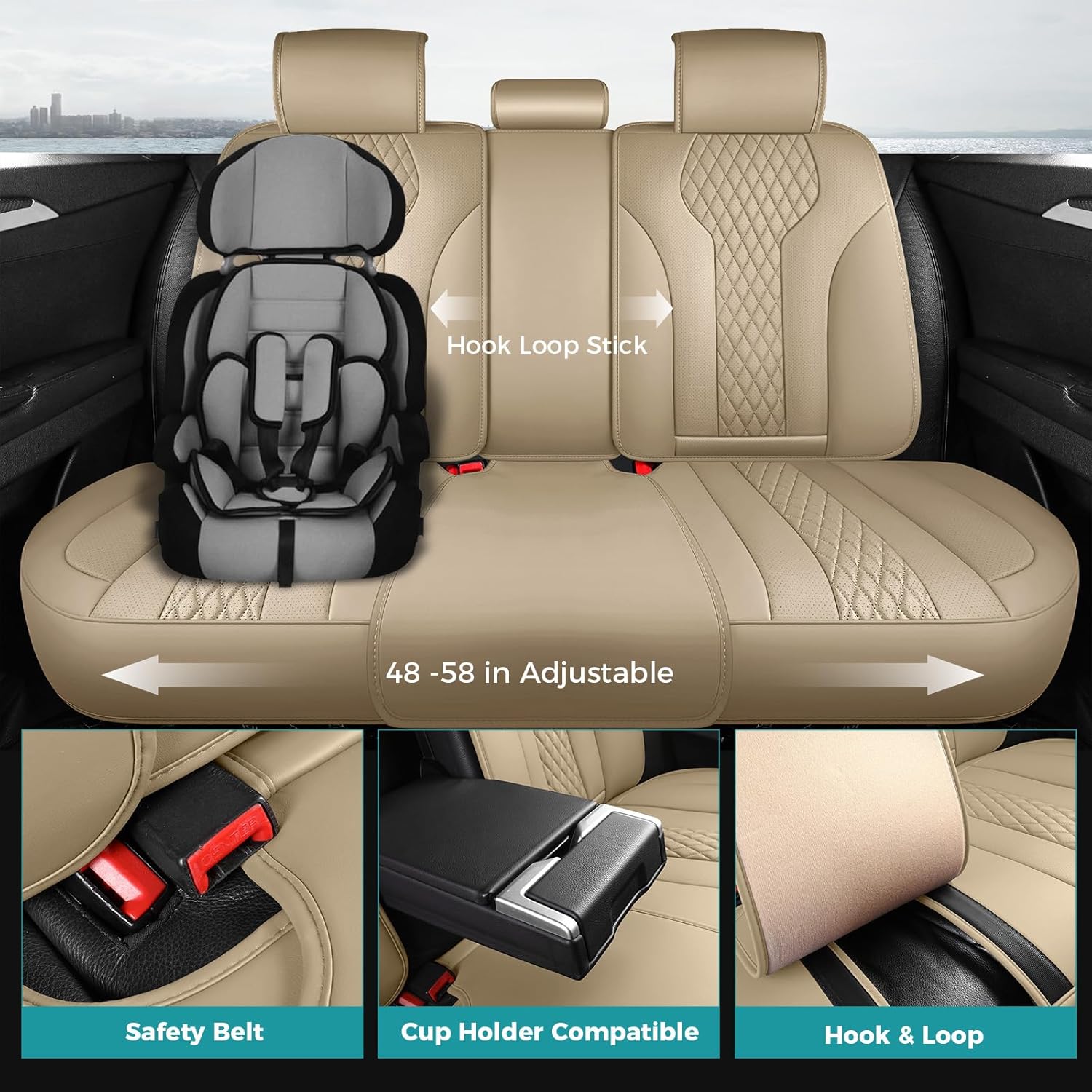 Leather Car Seat Covers Full Set, Breathable Faux Leather Seat Covers for Cars SUV Sedan Waterproof Beige