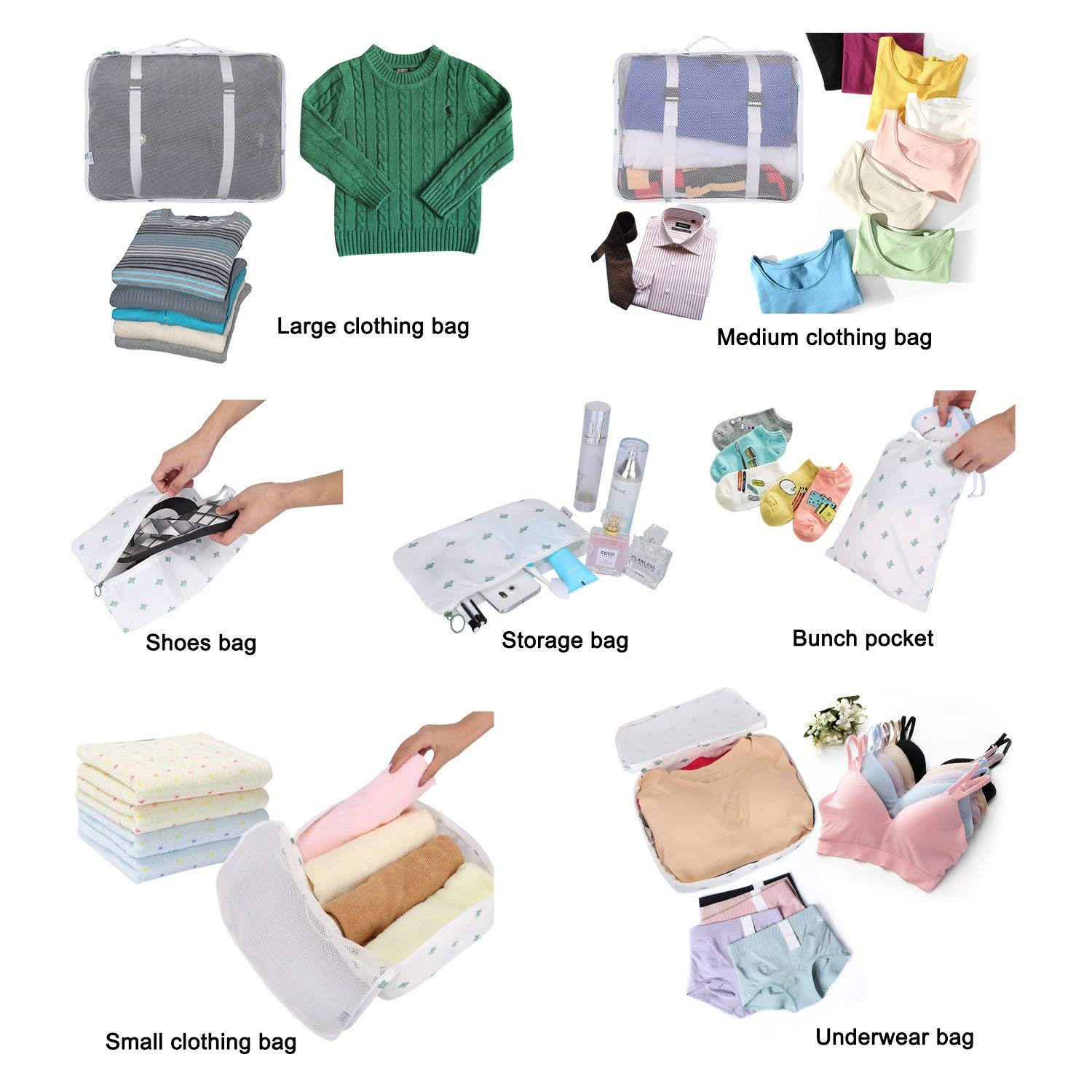 House of Quirk Polyester 7 Set Travel Organizer Bag 3 Packing Cubes + 3 Pouches + 1 Toiletry Organizer Bag, (White Cactus), 31 Centimeters, 12 Centimeters 4
