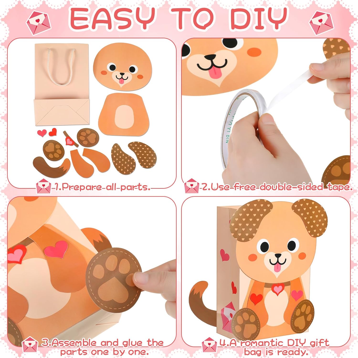 Resholder 18 Pcs DIY Funny Valentines Bags Crafts Kit for People Cute Candy Box with Handle Gift Paper Bag DIY Valentine Crafts for Exchange Party Favors Gift Wrapping Activities Bulk(Khaki,Puppy)