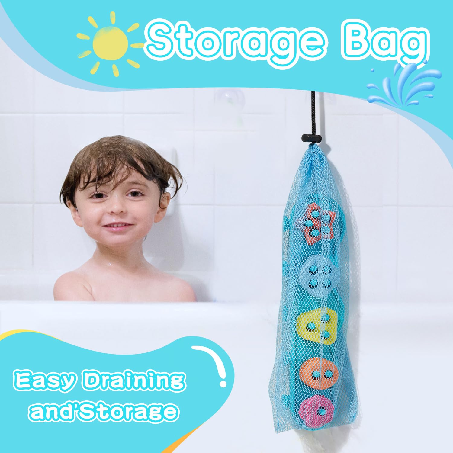 Juguetes de baño para niños pequeños, juguetes de baño sin moho, juguetes de silicona para clasificar y apilar colores y formas con 20 piezas flotantes texturizadas y bolsa de almacenamiento, juguetes 6