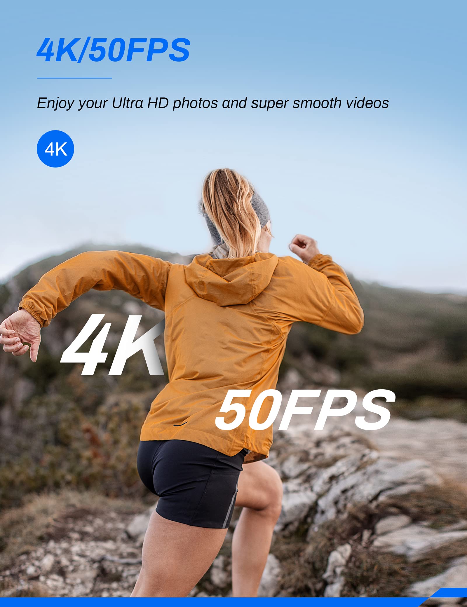 Cámara de acción 4K 30 FPS, sumergible a 40 m, WiFi, cámara para casco CT9500 EIS 2 baterías de 1350 mAh y cargador de batería