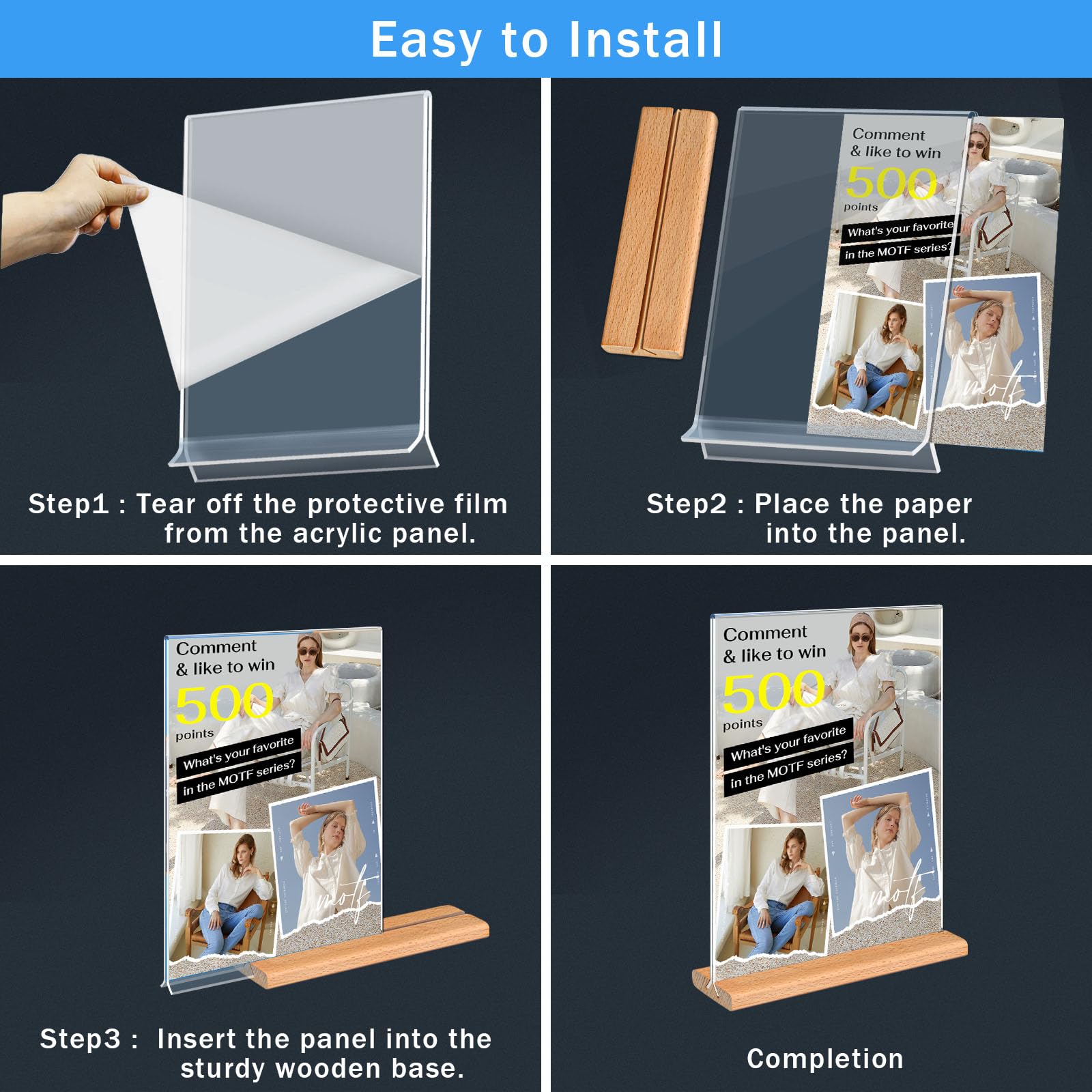Acrylic Sign Holder 8.5 X 11 Kersally 5 X 7, 6 Pack Double-Sided Clear Table Display Stands With Wood Base,Vertical Acrylic Frame Menu Flyer Paper A