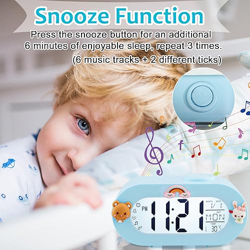Miniatura 3 de Potuopy Reloj despertador para niños, despertador digital con repetición, lámpara sónica, temporizador, 8 tonos de llamada, 1224 horas, reloj