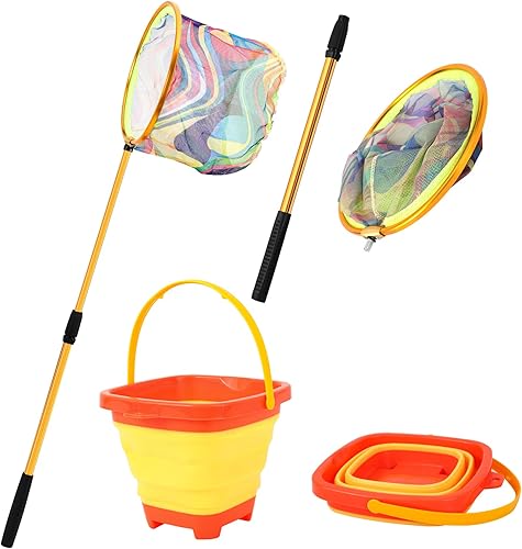 Miniatura 7 de Red de pesca para niños, red de aterrizaje telescópica con mango de poste de aluminio, cubo plegable para niños, balde de arena para niños, redes de