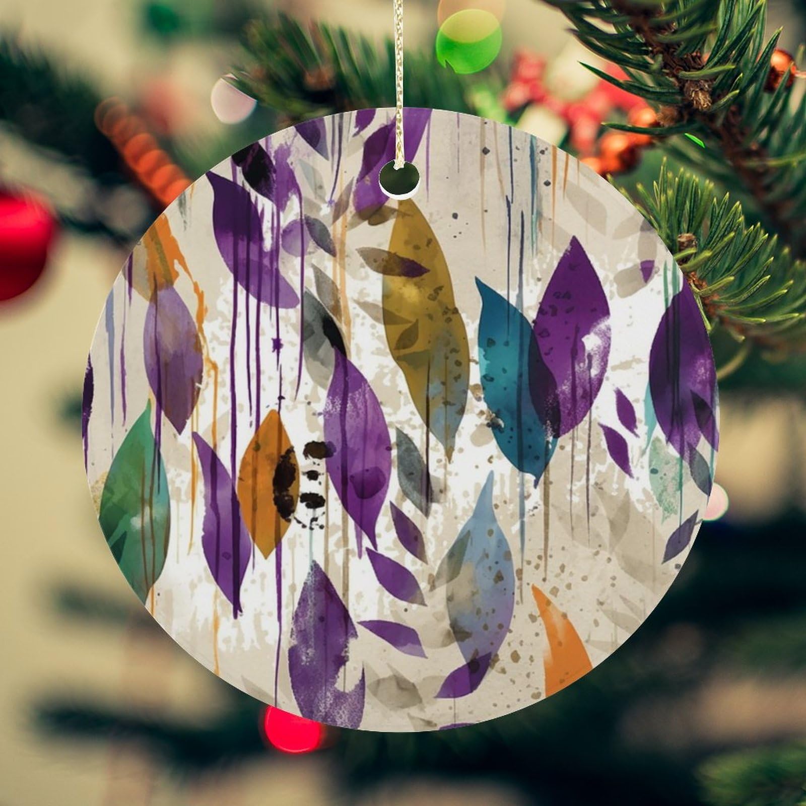Colored Leaves Christmas Ornament for Christmas Tree Ceramic Round Ornament Winter Holiday Keepsake Gift 2.7" Christmas Tree Hanging Decorations Circle Ceramic Pendant Xmas Gift