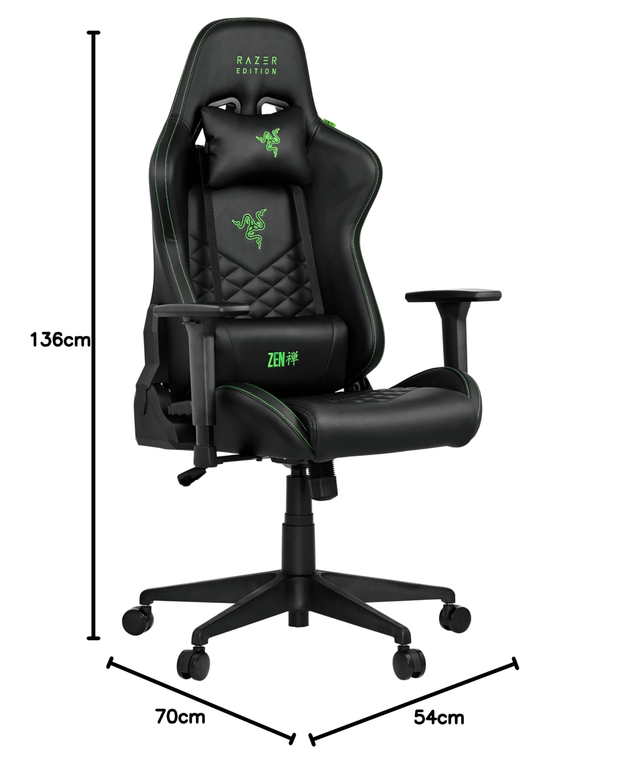 Razer Edition Tarok Natrix - Sedia da gaming in pelle sintetica traspirante, trapuntata, con braccioli 3D, funzione basculante, cuscino lombare e cuscino, fino a 130 kg, colore: Nero
