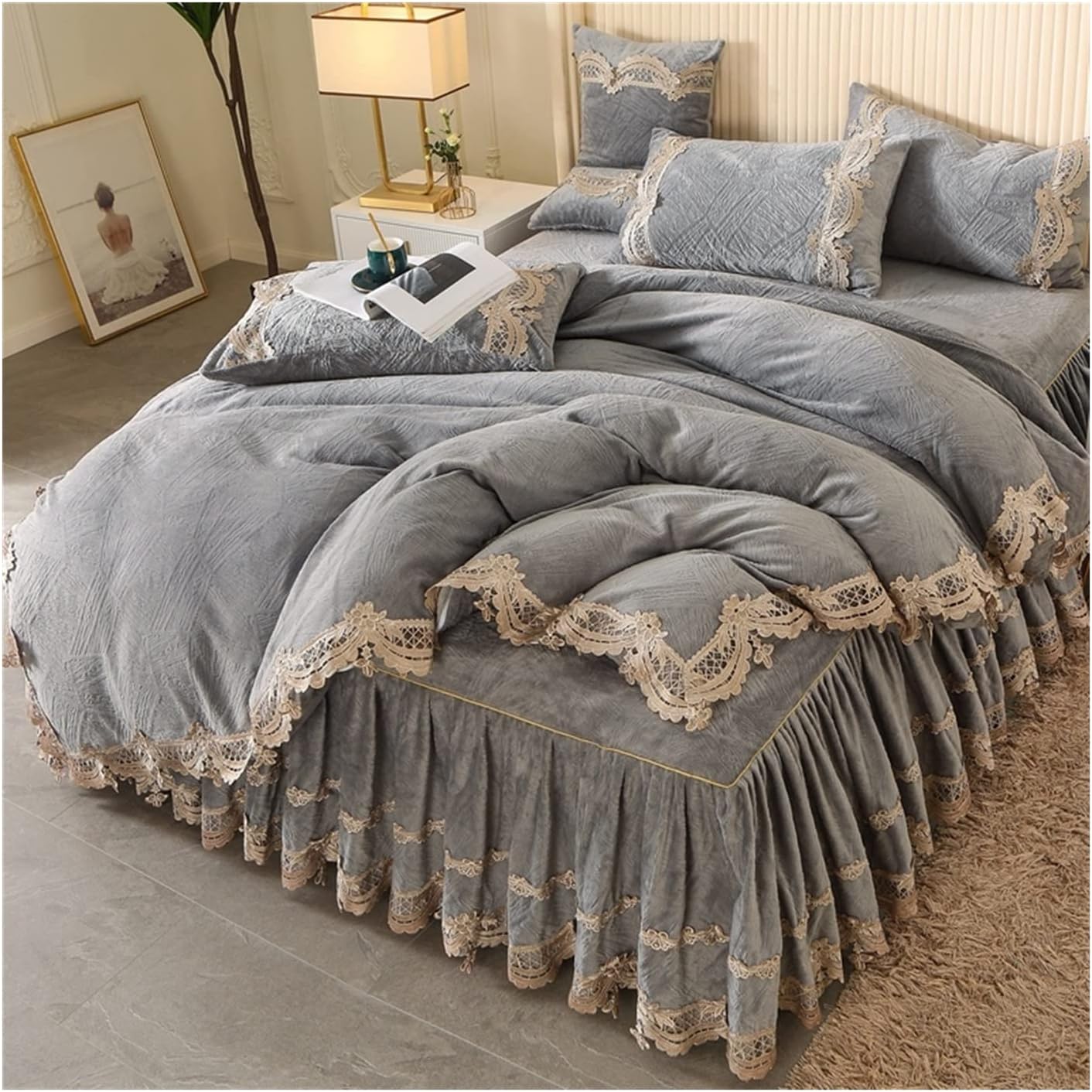 Bed Set Highend Quilted Coral Fleece Bed Skirt 4piece