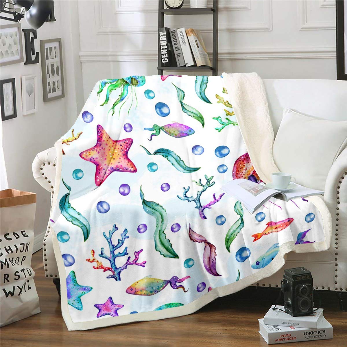 Fleece Gooi Deken Kwallen Blauw Water voor Bank Lichtgewicht Pluche Fuzzy