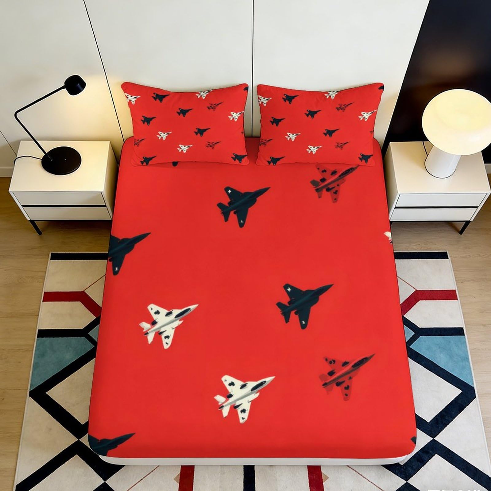 3D Printed Red Fighter Jet Fitted Sheet Microfiber Soft Airplane Bed Cover for Bedroom Dorm Mattress Decor 90x200x25cm