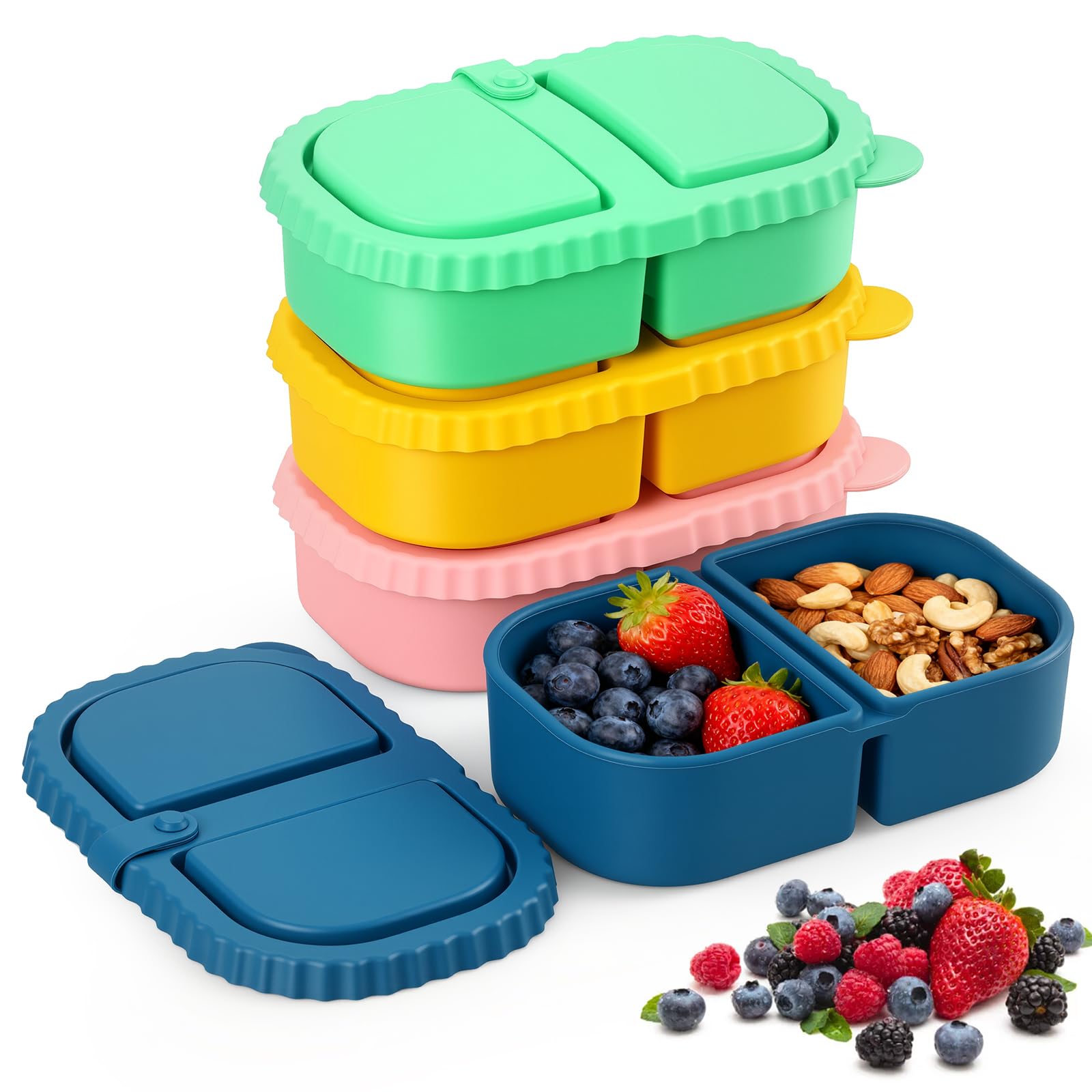 4 Pack Reusable Snack Containers, Silicone Food Storage Boxes with Lids, 2 Compartment Snackle Container for Kids & Adults, BPA-Free, Microwave & Dishwasher Safe, Ideal for Salad, Nuts & Meal Prep
