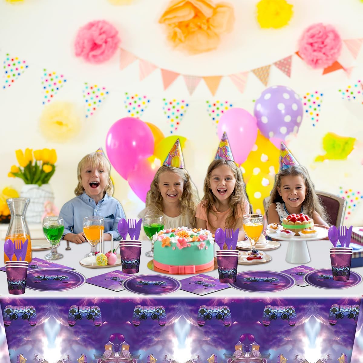 81Pcs Purple Games Party Tableware Set Games Party Decoration Purple Games Birthday Party Supplies