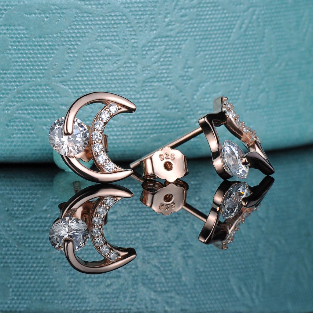 Pendientes Mujer Niña, Yumilok-Moda Pendientes con Brillantes Circontias Estrella y Luna, Oro Rosa S925 Plata de Ley