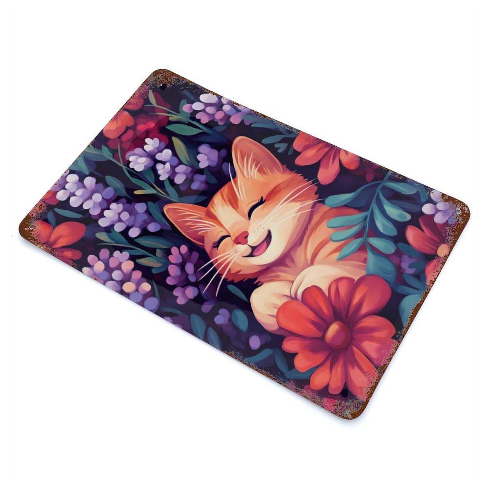 Smiling Cat in Flowers Retro Metal Sign 11.8"x7.9", Vintage Wall Decor for Garage, Pub Or Kitchen