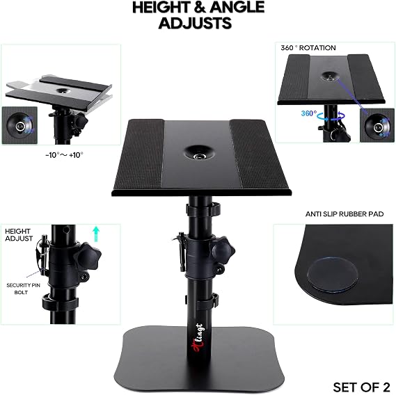 Desktop Speaker Stand Pair, 22.5x24 cm Metal Tray,10° to +10° Tilt, Flat Base Universal Fit for Any Desk Surface, Perfect for 5