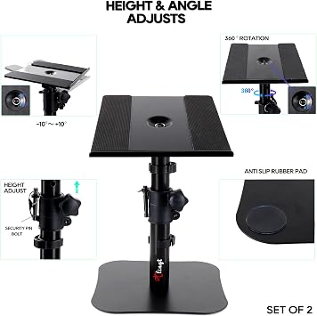Desktop Speaker Stand Pair, 22.5x24 cm Metal Tray,10° to +10° Tilt, Flat Base Universal Fit for Any Desk Surface, Perfect for 5