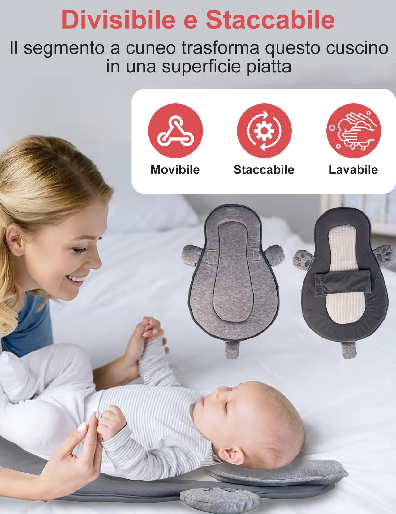 Cuscino per Allattamento, Cuscino per Allattamento a Biberon, Ergonomico Multifunzionale con Cintura Regolabile, la Parte Superiore, la Parte Inferiore e L’appoggio Testa Sono Rimovibili