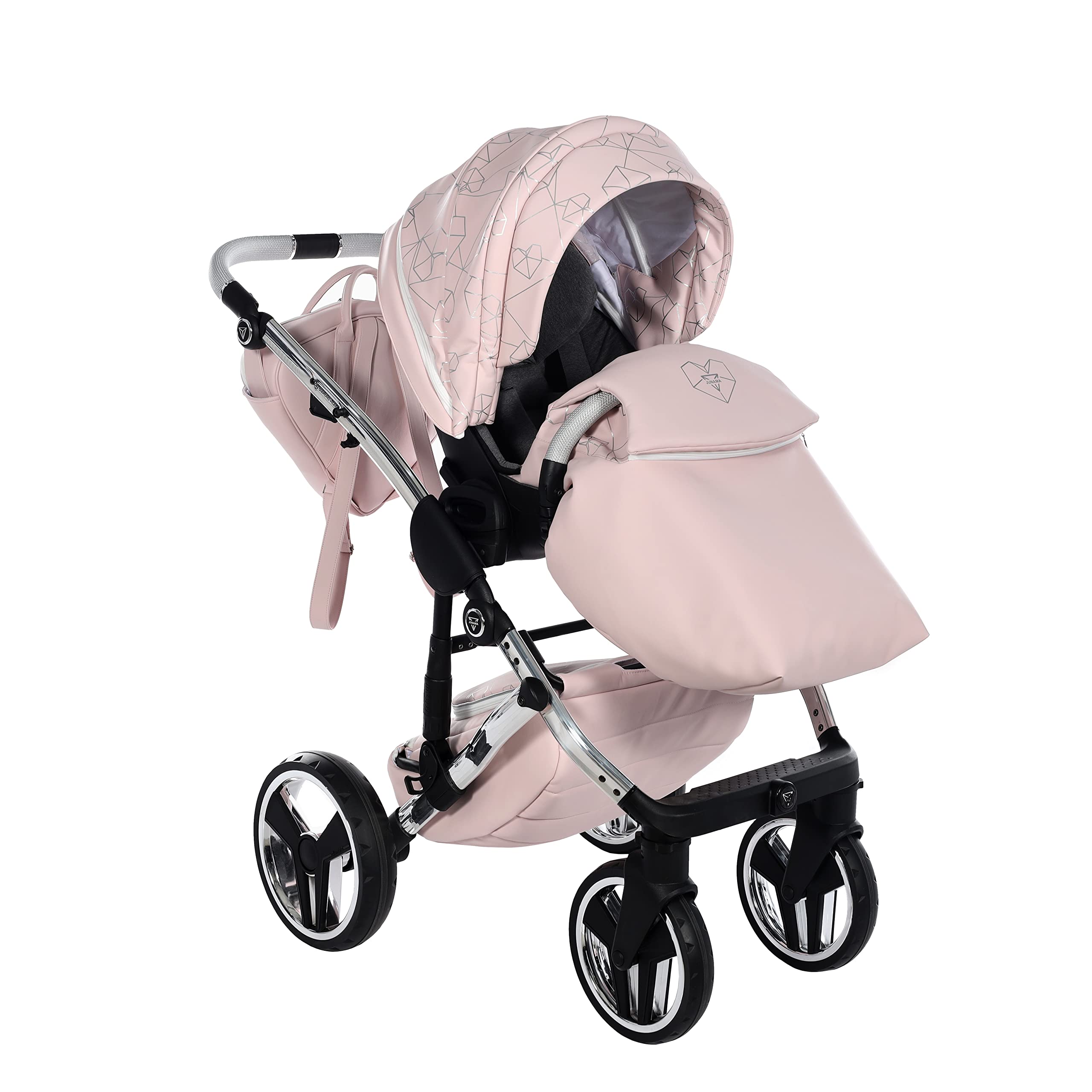 Junama Diamond Heart 06 Rosa y Plateado Cochecito de Bebé 2 en 1, 3 en 1, 4 en 1 + Sombrilla para Carrito (3 en 1 con silla de auto)