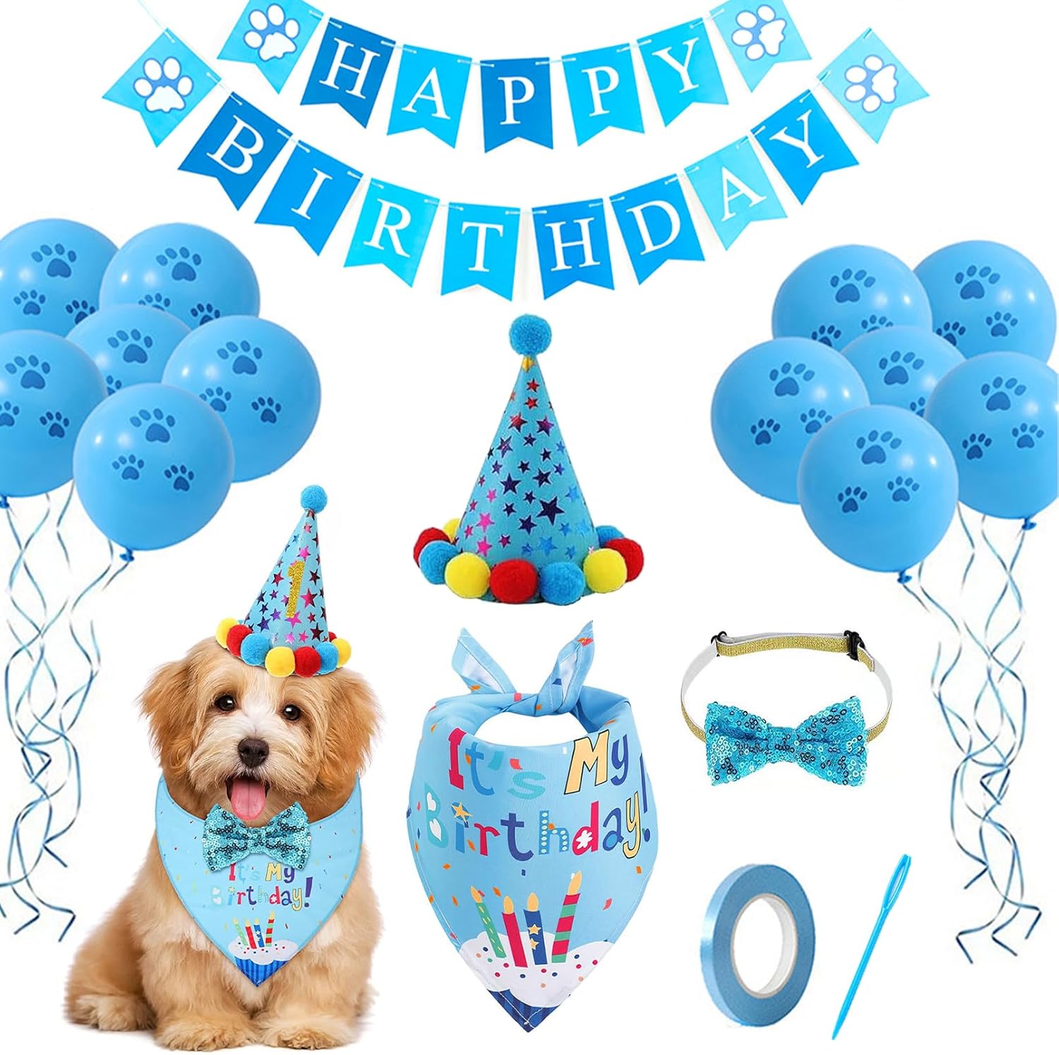 6 Piezas Decoración Cumpleaños Perro - Gorro Pañoleta Corbata Banderín Globos