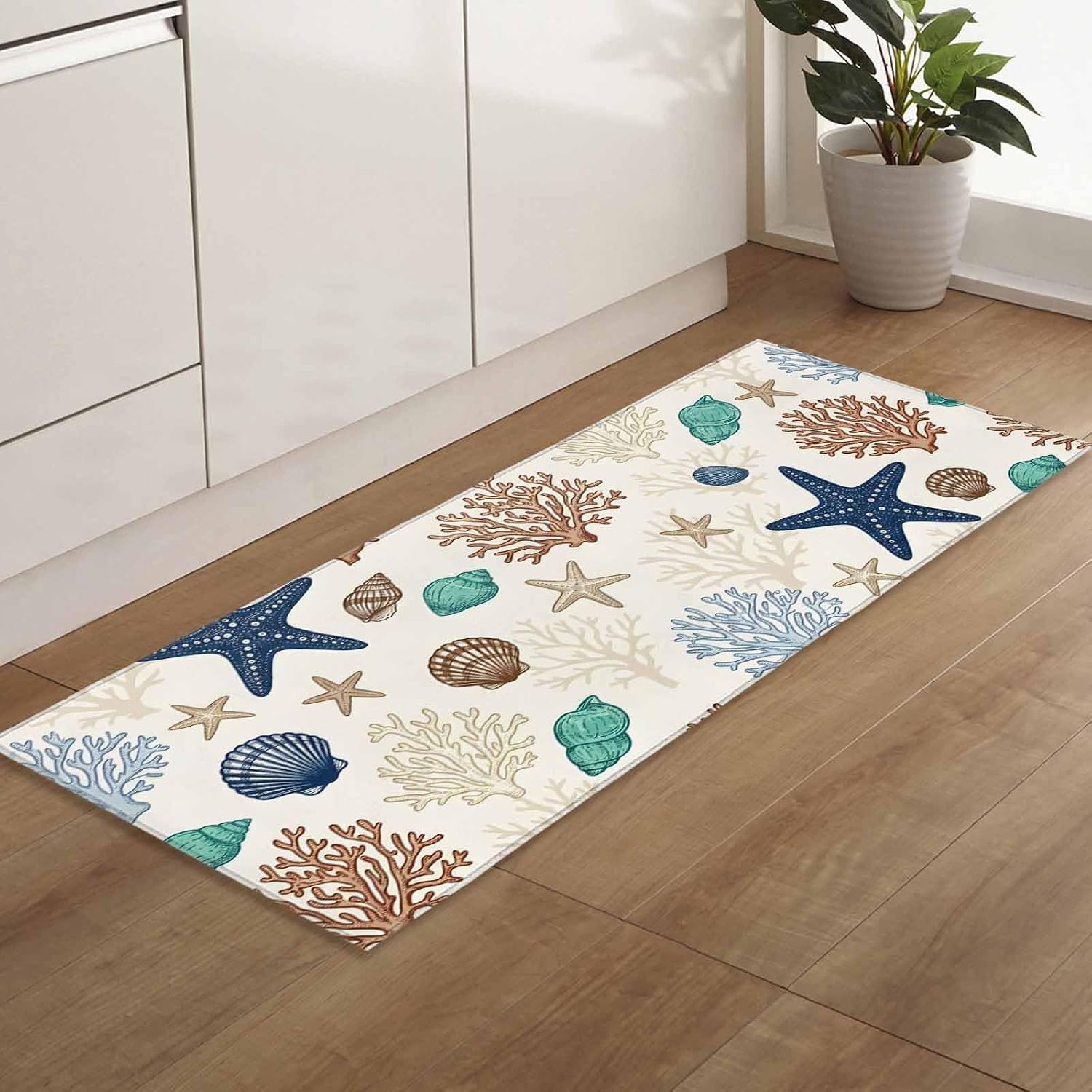 Teamery Kitchen Mats for Floor Coastal Beach Starfish Corals Washable Non Slip Kitchen Rugs 1PCS, Retro Ocean Shells Absorbent Standing Mats for Sink Bathroom Office Living Room 23.6x70.9in
