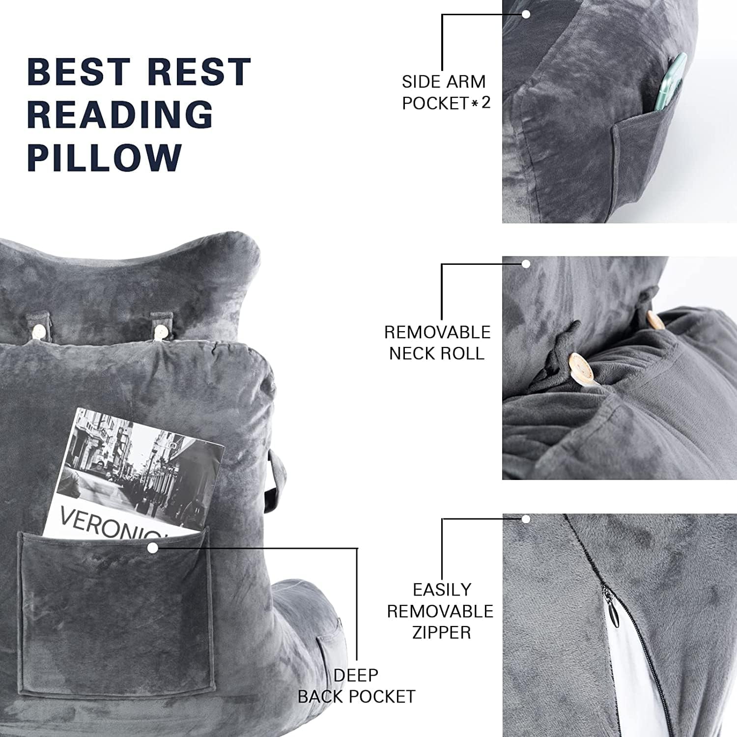 Reading Pillow-Bed Rest Pillow with Detachable Neck Roll & Higher Support Arm for Sitting in Bed Couch or Floor-Backrest Reading Pillow Adult Back Pillow for Reading/Watching TV/Gaming,Dark Grey