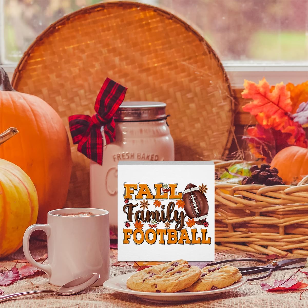 Fall Decor Fall Family Football Wooden Box Sign Thanksgiving Rustic Farmhouse Desk Decor Harvest Autumn Leaves Decorative Wood Sign Football Room Home Office Shelf Table Living Room Decorations image 3