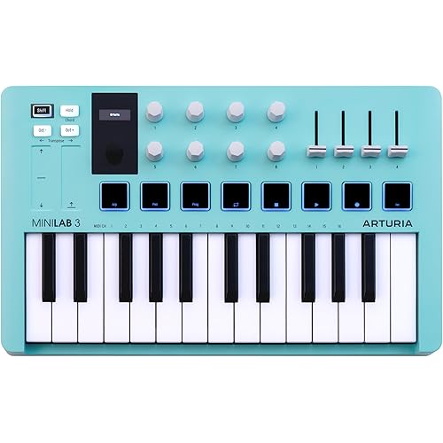 Arturia MiniLab 3-25 Key USB MIDI Keyboard Controller With 8 Multi-Color Drum Pads, 8 Knobs and Music Production Software Included, Aquamarine