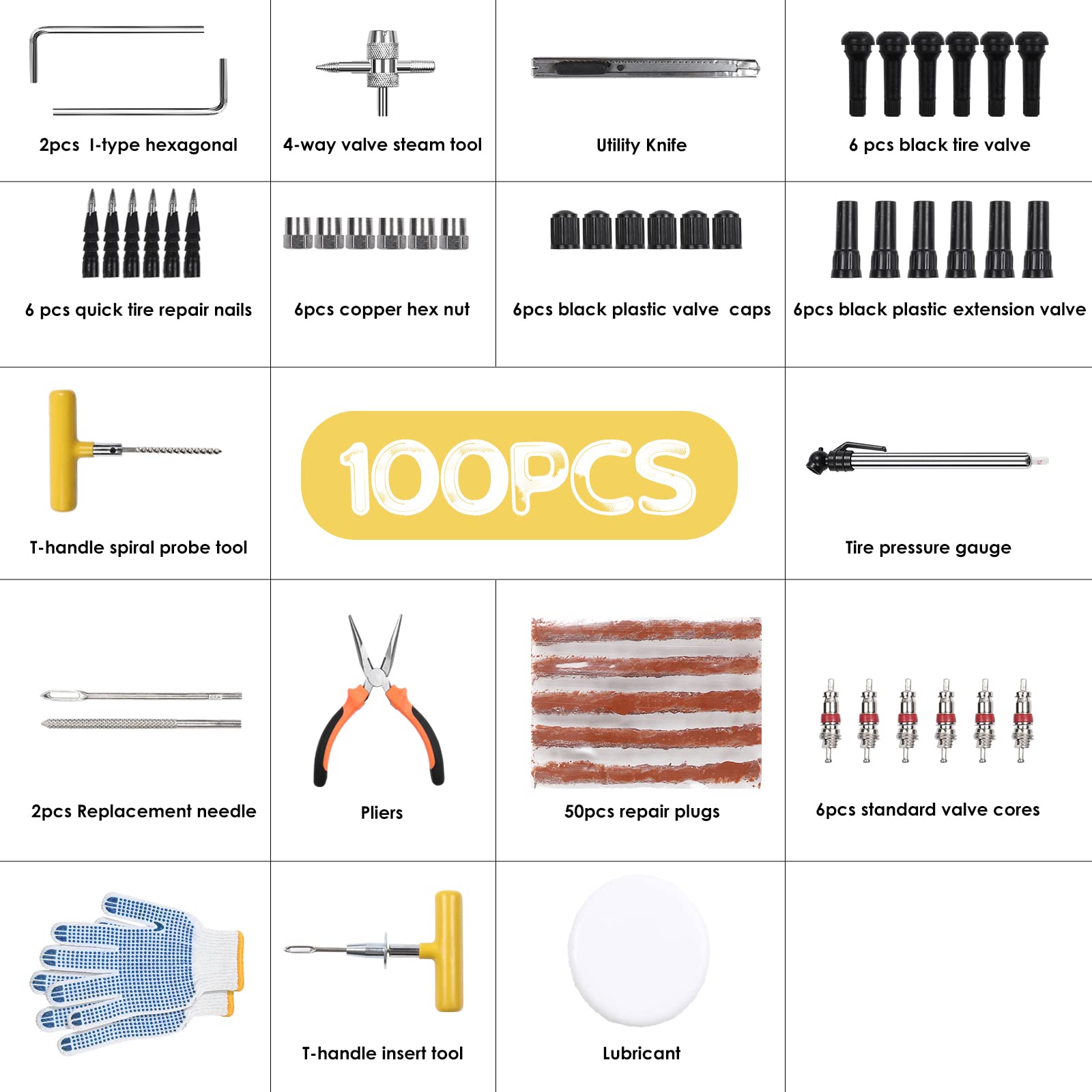 Kit Riparazione Pneumatici 100 Pezzi con Manometro Pressione, Guanti e Riparazione Rapida Chiodo per Auto Biciclette Motocicli