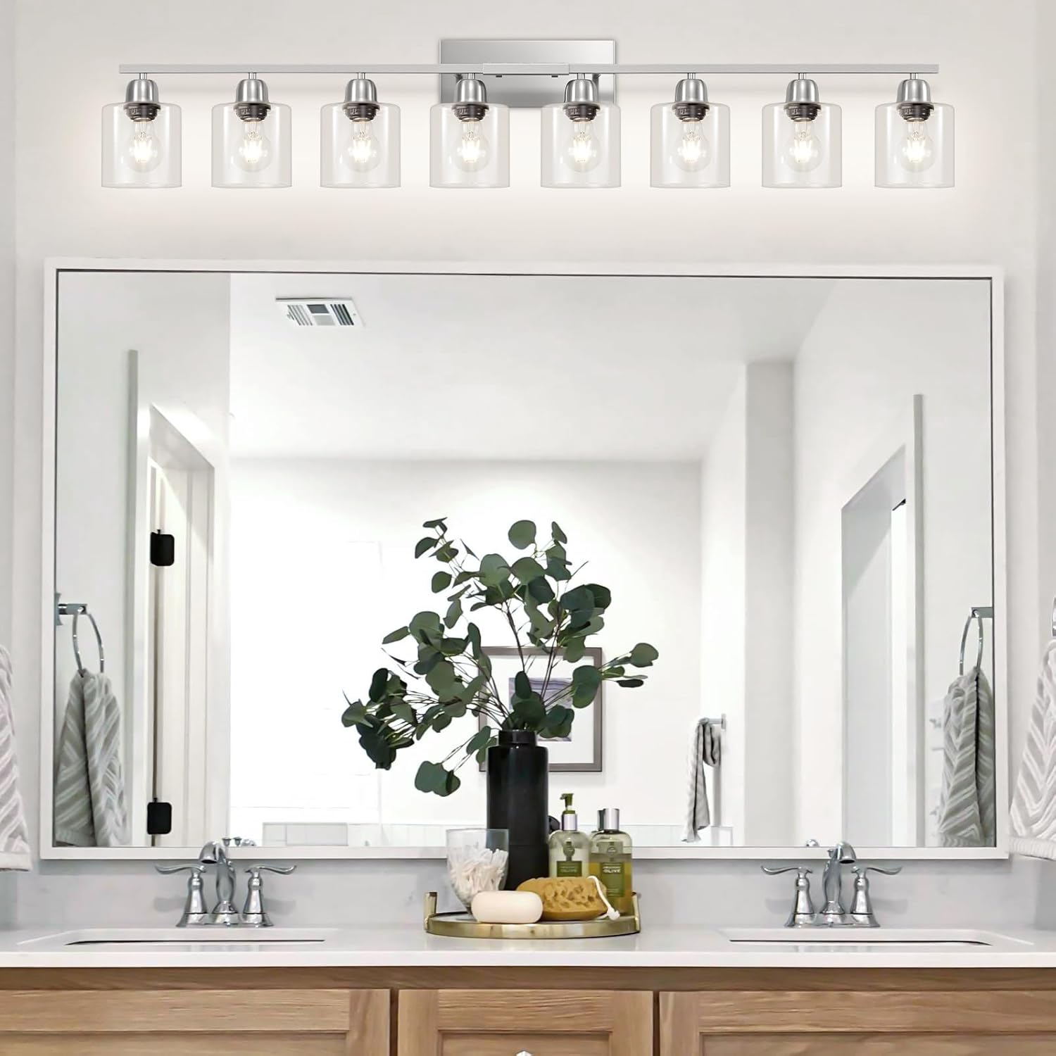 Modern Brushed Nickel 8 Light Bathroom Light Fixtures,52 inch Vanity Lights for Bathroom with Clear Glass for Mirror Kitchen Living Room Hallway Cabinet Porch