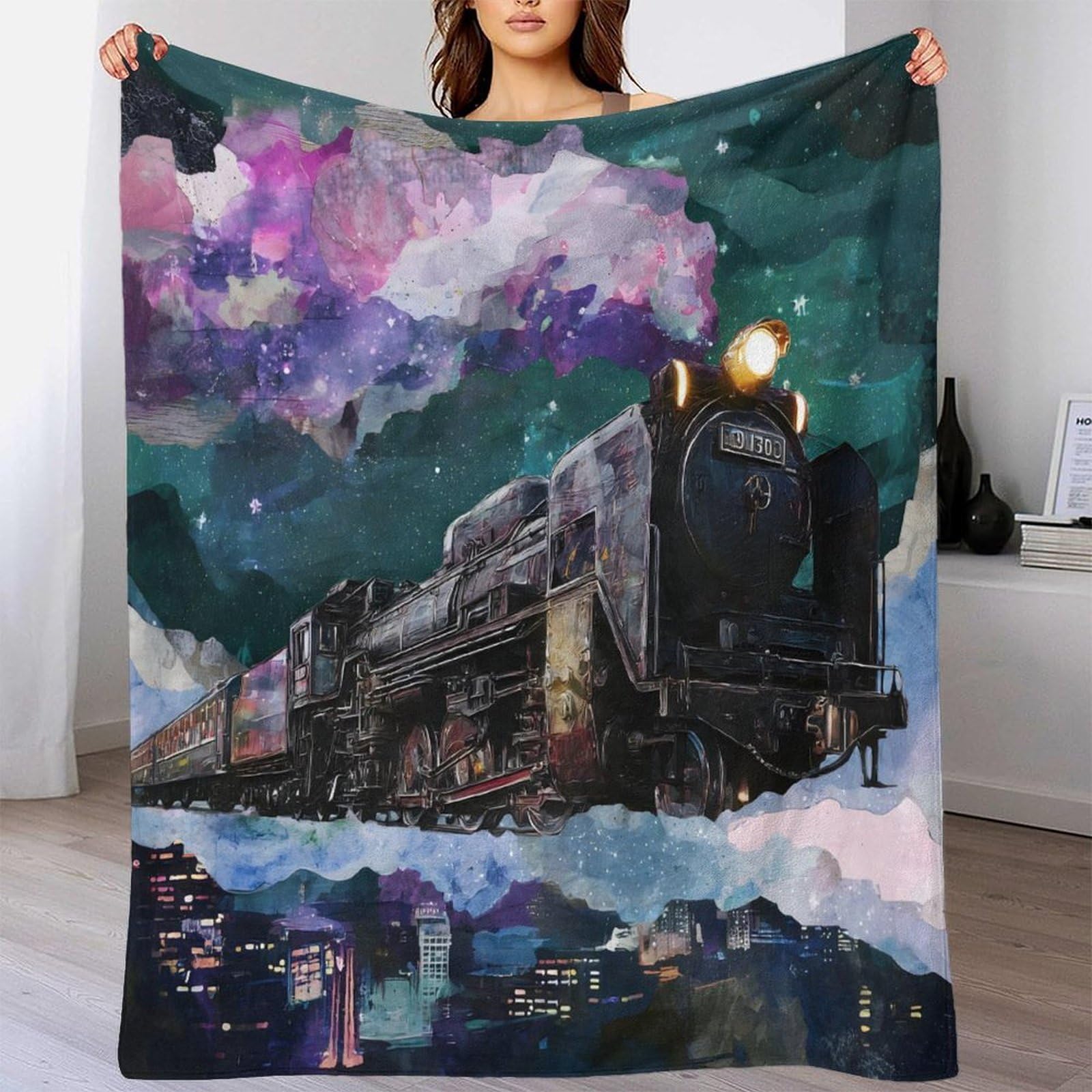 3D Gedruckte Sci-Fi Weltraum Galaxie Illustration Flanelldecke, Fliegende Dampflokomotive Weicher Plüsch Deko Decke Für Couch, 80x90inch(200x230cm)