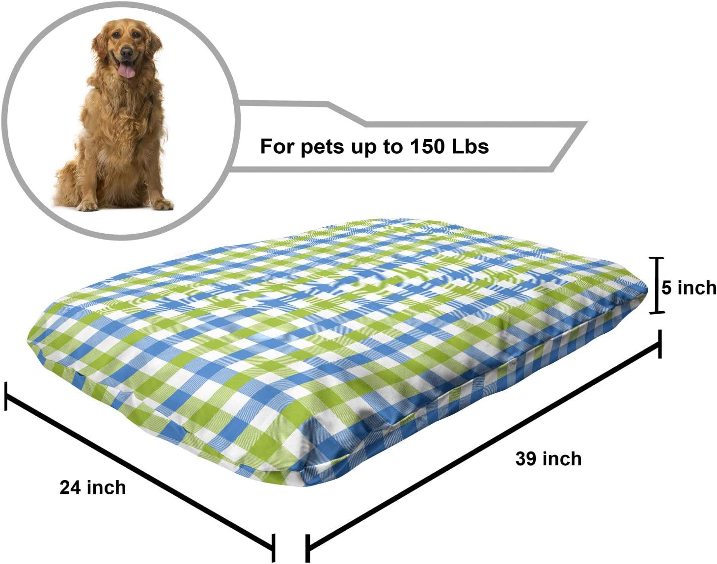 review Lunarable Blue Green Pet Bed, Gingham Checkered Plaid Squares Abstract Fresh Tones Pattern, Chew Resistant Pad for Dogs and Cats Cushion with Removable Cover, 24