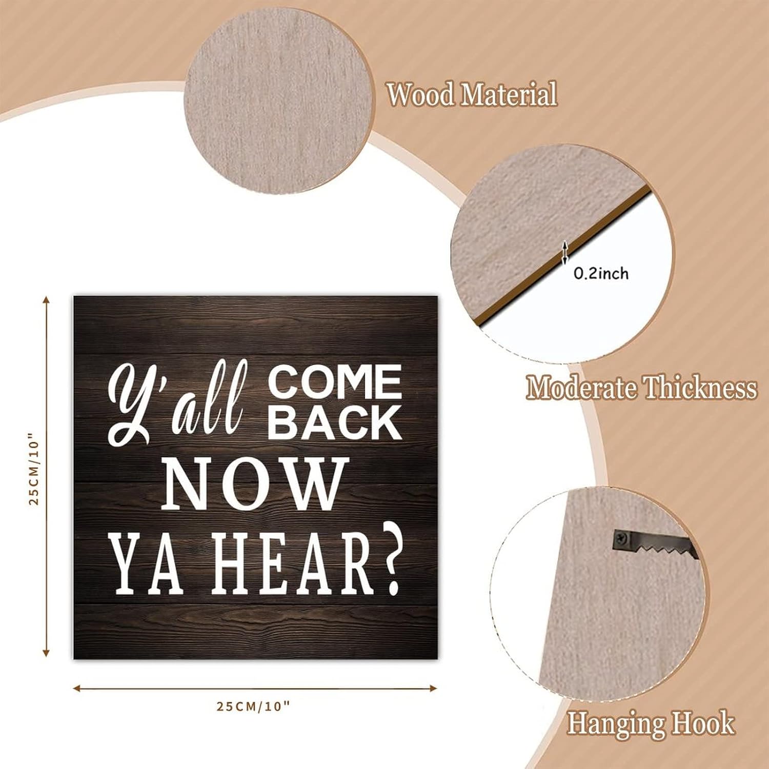 Alioyoit Distressed Look Rustic Wood Sign Y'all Come Back Now Ya Hear Wood Home Sign Wall Pediment Motivational Home Wall Hanging Decorations for Front Door Indoors Outdoors 10x10 Inch : Home & Kitchen