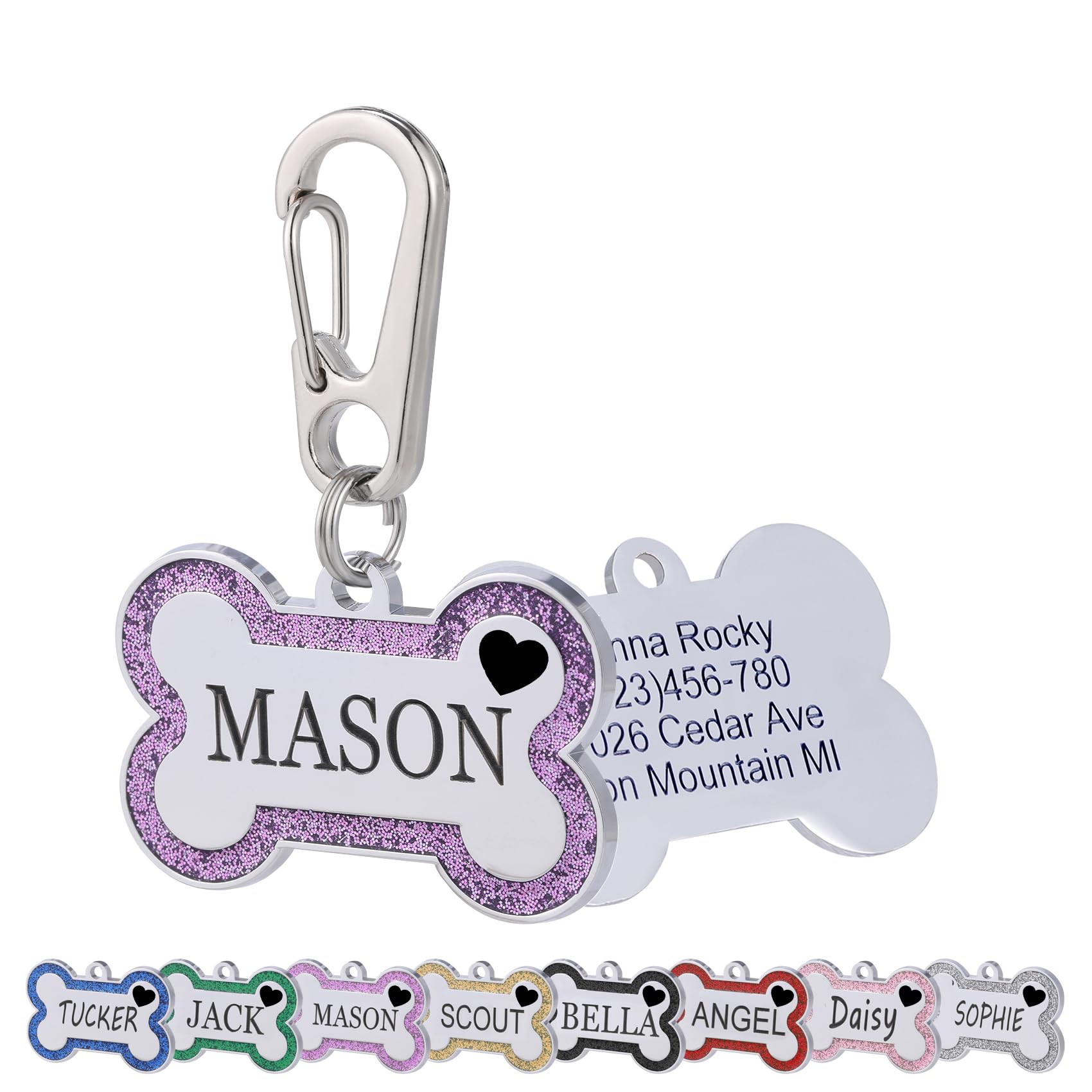 Personalized Dog Tags for Pets Deep Engraved Text and Cute Heart Icons Glittering Bone Shapes Double Sided Engraving Suitable for Dogs and Cats ID