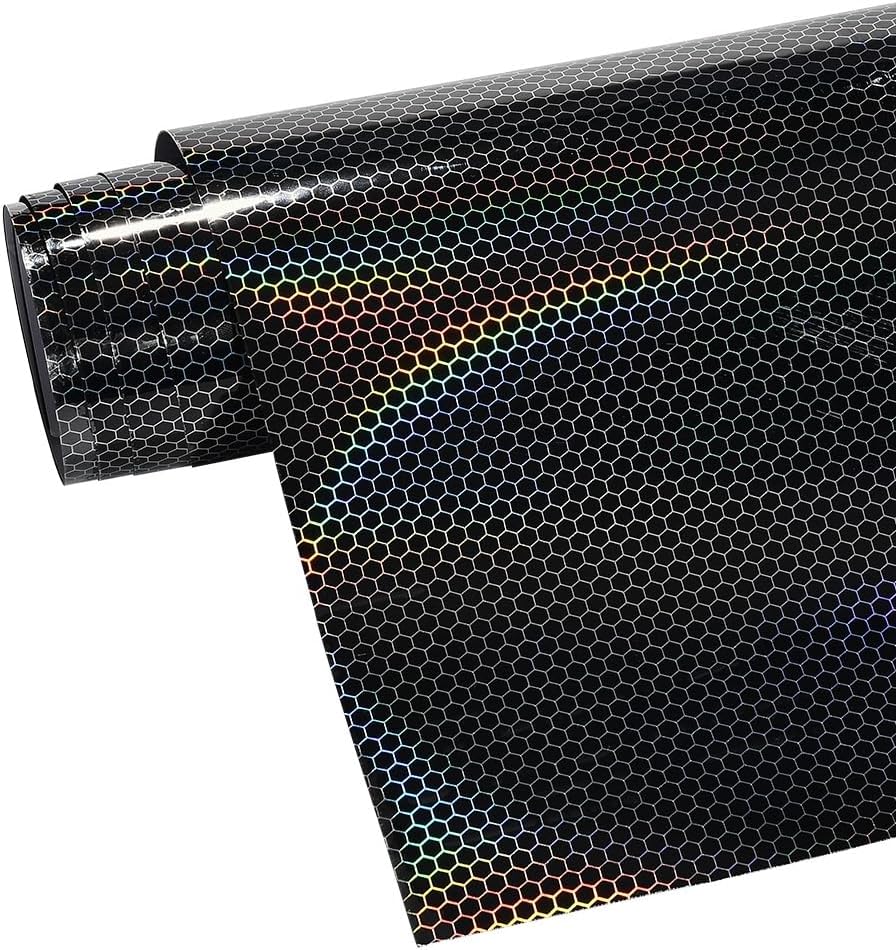 XhuangTech Matte Black Honeycomb Carbon Fiber Vinyl Wraps, 1FTx5FT Holographic Laser Rainbow Effect Air Release Sticker Sheet Film Roll,DIY Self Adhesive Decal Car Auto Vehicle Morotcycle Exterior image 3